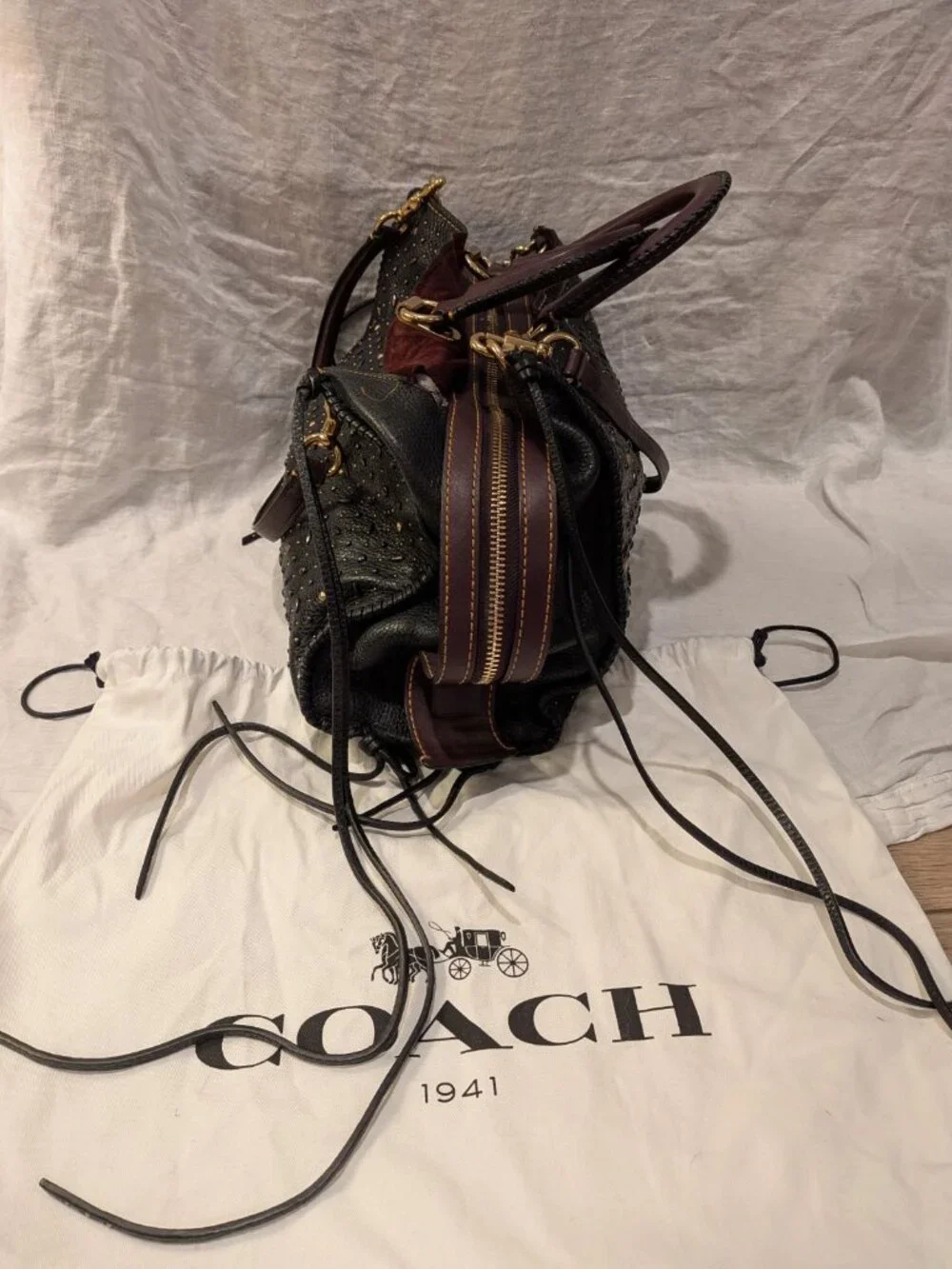 Coach 1941 Rogue 36 Whiplash Rivets Black Pebble Leather Oxblood Limited Edition